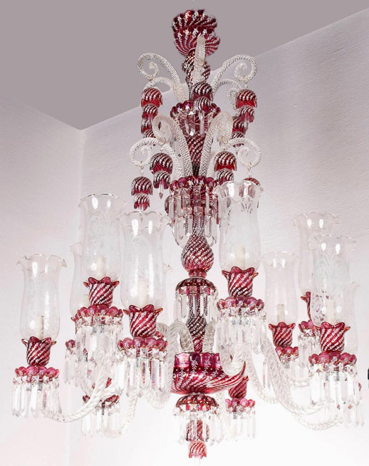 098a -  Beautiful Monumental Cranberry 10 light Chandelier with Rope Twist Arms, Bells and Decorated Shades, H. 5 Ft. 2 In. , W. 3 Ft. 4 In.-5