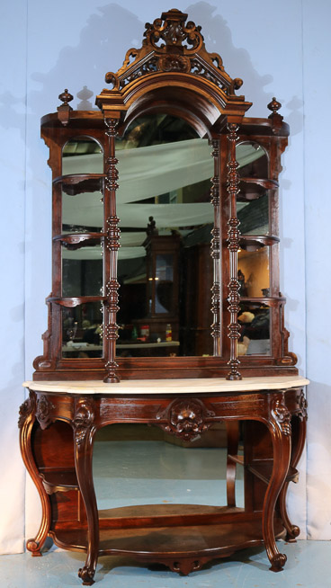 102a - Rosewood rococo etagere with marble top and mirror in bottom, 8 ft. 4 in. T, 53 in. W, 21 in. D.-25