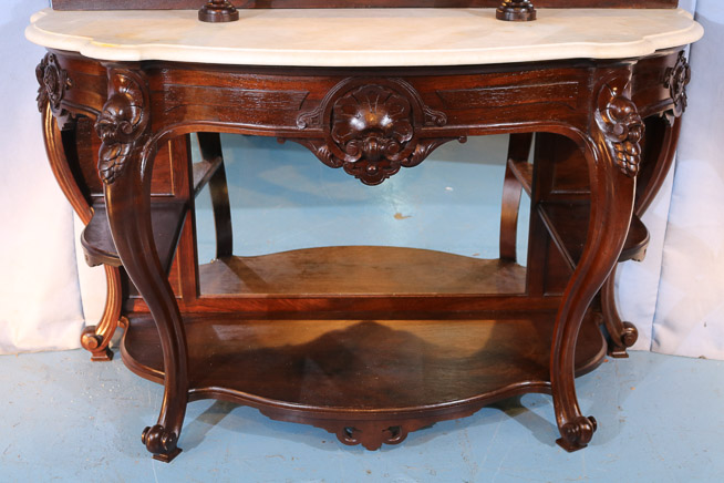 102b - Rosewood rococo etagere with marble top and mirror in bottom, 8 ft. 4 in. T, 53 in. W, 21 in. D.-25