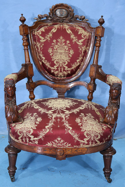 107a - Rosewood Victorian arm chair with head on arms attrib. to John Jelliff, 40 in. T, 25 in. W, 24 in. D.-28