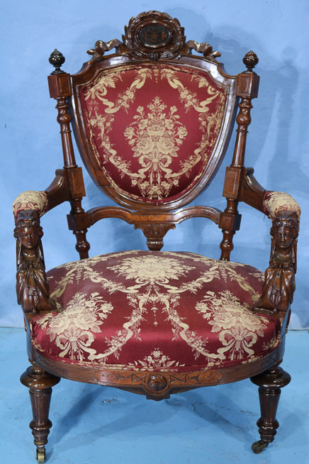 108a - Rosewood Victorian arm chair with head on arms attrib. to John Jelliff, 40 in. T, 25 in. W, 24 in. D.-28