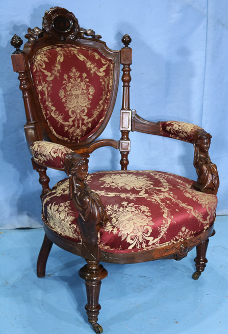 108d - Rosewood Victorian arm chair with head on arms attrib. to John Jelliff, 40 in. T, 25 in. W, 24 in. D.-28