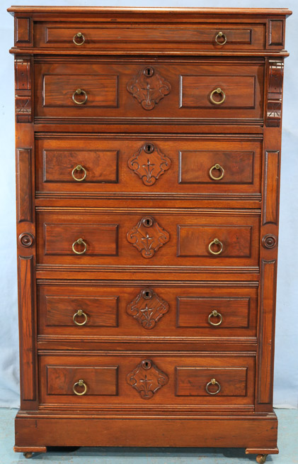 110a - Walnut Victorian highboy 6 drawer chest, 56 in. T, 32.5 in. W, 19 in. D.-28