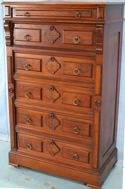 110b - Walnut Victorian highboy 6 drawer chest, 56 in. T, 32.5 in. W, 19 in. D.-28