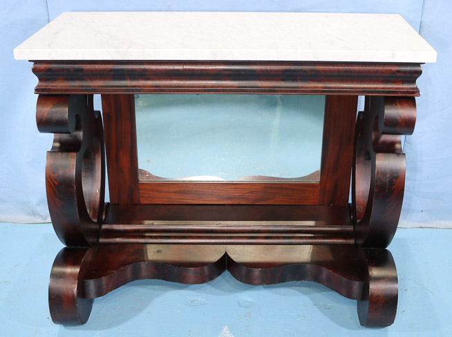 111a - Period Empire mahogany pier table with white marble and deep scroll ends, attrib. to Meeks, 36 in. T, 44 in. W, 22 in. D.-22