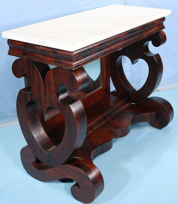 111b - Period Empire mahogany pier table with white marble and deep scroll ends, attrib. to Meeks, 36 in. T, 44 in. W, 22 in. D.-22