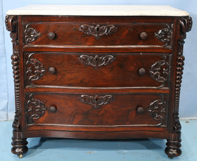 113a - Rosewood rococo marble top wash stand, matches dresser # 72, attrib. to Mitchell and Rammelsberg, 32 in . T, 36 in. W, 74 in. D.-28