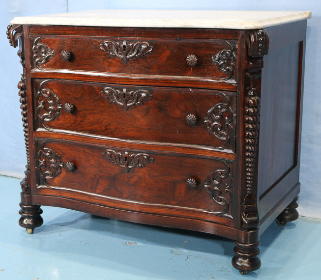 113b - Rosewood rococo marble top wash stand, matches dresser # 72, attrib. to Mitchell and Rammelsberg, 32 in . T, 36 in. W, 74 in. D.-28