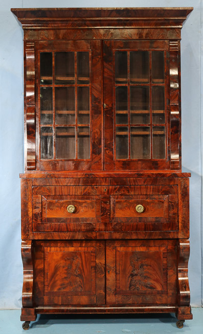 117a - Period flame mahogany Empire secretary, all original with scroll front, 86.5 in. T, 45 in. W, 20 in. D.-28