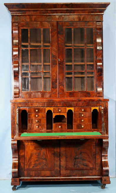 117b - Period flame mahogany Empire secretary, all original with scroll front, 86.5 in. T, 45 in. W, 20 in. D.-28