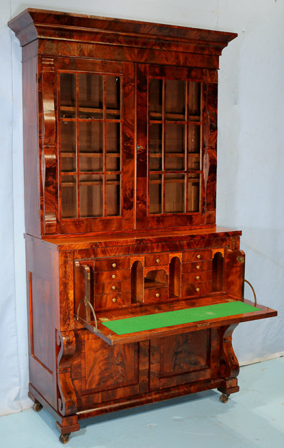 117c - Period flame mahogany Empire secretary, all original with scroll front, 86.5 in. T, 45 in. W, 20 in. D.-28