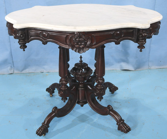 118a - Rosewood rococo center parlor table with marble top, attrib. to T. Brooks, 38 in . L, 36 in. W, 30 in. T.-28