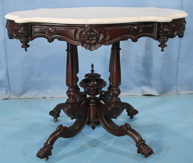 118b - Rosewood rococo center parlor table with marble top, attrib. to T. Brooks, 38 in . L, 36 in. W, 30 in. T.-28