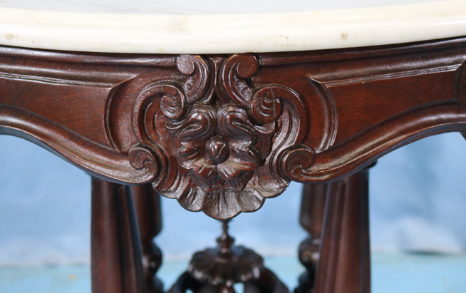 118d - Rosewood rococo center parlor table with marble top, attrib. to T. Brooks, 38 in . L, 36 in. W, 30 in. T.-28