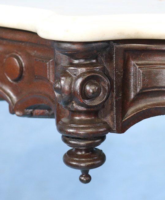 118e - Rosewood rococo center parlor table with marble top, attrib. to T. Brooks, 38 in . L, 36 in. W, 30 in. T.-28