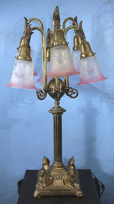 119a - Brass Egyptian 6 light lamp with etched pink shades with sphinx base, 32 in. T.-23