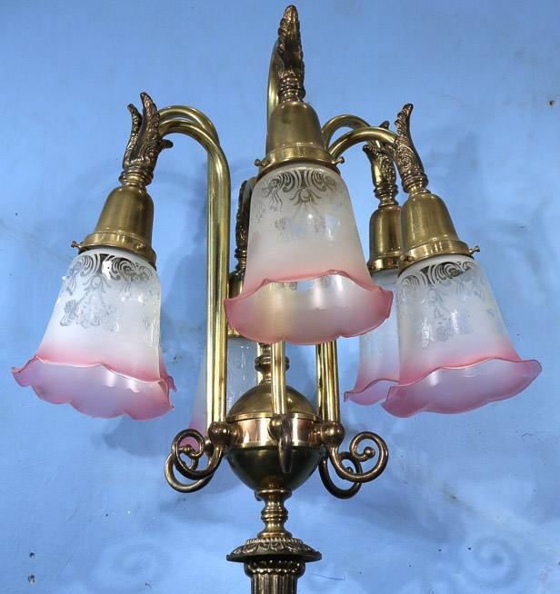 119b - Brass Egyptian 6 light lamp with etched pink shades with sphinx base, 32 in. T.-23