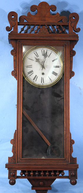 120a - Walnut Victorian Waterbury hanging clock, 38 in. T, 13 in. W, 4 in. D.-28