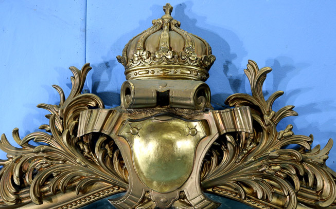 121c - Gold gilded highly decorated wood over the mantle mirror with King's crown in the crest, 73 in. T, 52 in. W.-23