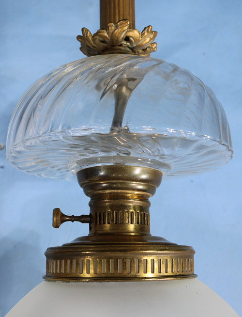 126c - Pair of banquet lamps with brass and marble base, electrified, 27.5 in. T.-28