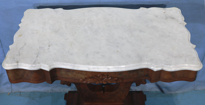 136d - Mahogany Empire lamp table with marble top, 30 in. T, 34 in. W, 19.5 in. D.-28