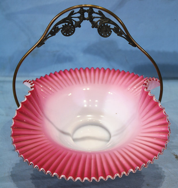 149a - Victorian card receiver with fluted pink and white bowl and silver-plate basket, 10 in. T, 9 in. W.-28