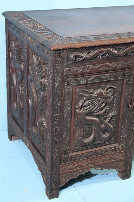 044b - Heavily carved walnut Oriental desk with dragonsc