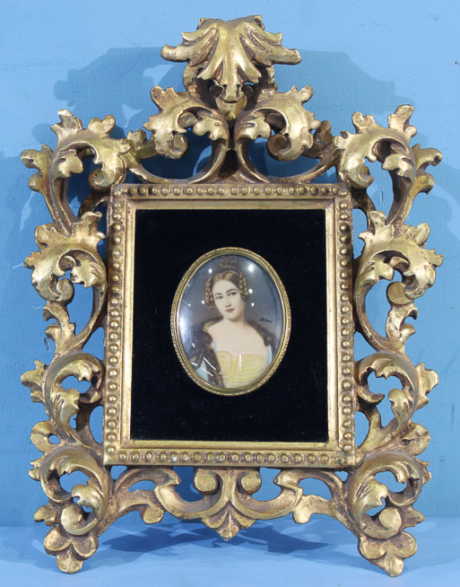 001a - Small Victorian painting on porcelain in ornate pierce carved gold frame with velvet matting, 13 x 11