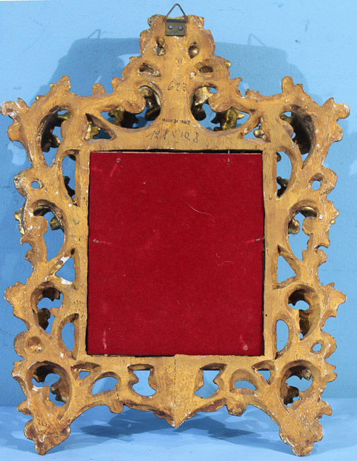 001c - Small Victorian painting on porcelain in ornate pierce carved gold frame with velvet matting, 13 x 11