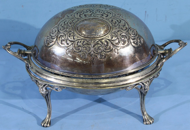 003a - Victorian silver-plate covered bread dome with monogram on front, 11 in. T, 16 in. W, 8 in. D.