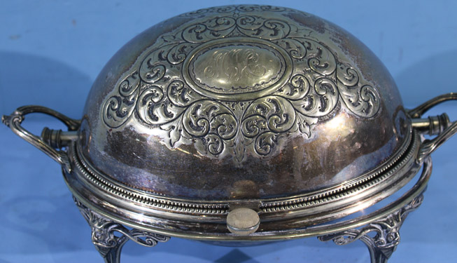 003b - Victorian silver-plate covered bread dome with monogram on front, 11 in. T, 16 in. W, 8 in. D.