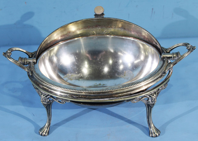 003c - Victorian silver-plate covered bread dome with monogram on front, 11 in. T, 16 in. W, 8 in. D.