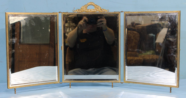 004a - Victorian trifold dresser mirror with beveled glass, crown and brass accents, 15 in. T, 27 in. W.