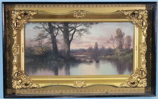 007a - Victorian oil on canvas of a lake scene in gold leaf frame placed in a shadow box frame, 20.5 x 32