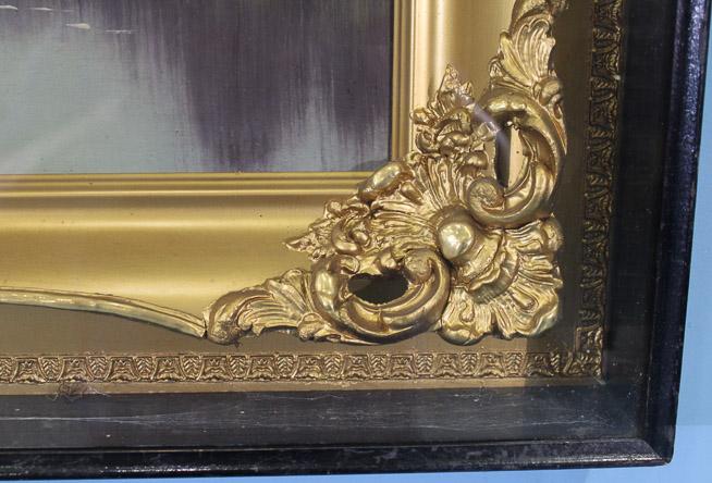 007b - Victorian oil on canvas of a lake scene in gold leaf frame placed in a shadow box frame, 20.5 x 32