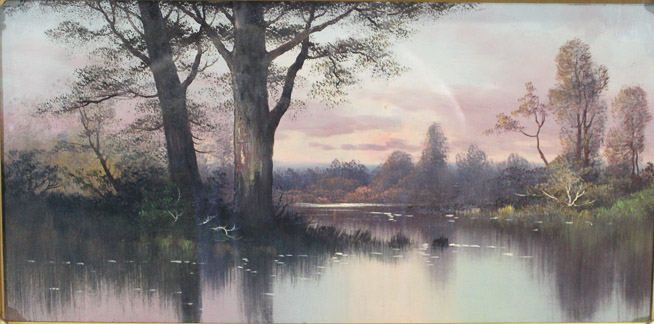 007c - Victorian oil on canvas of a lake scene in gold leaf frame placed in a shadow box frame, 20.5 x 32