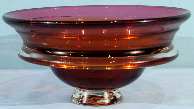 008a - Large 2 tone purple and orange footed bowl, attrib. to Steuben, 6 in. T, 13 in. R.