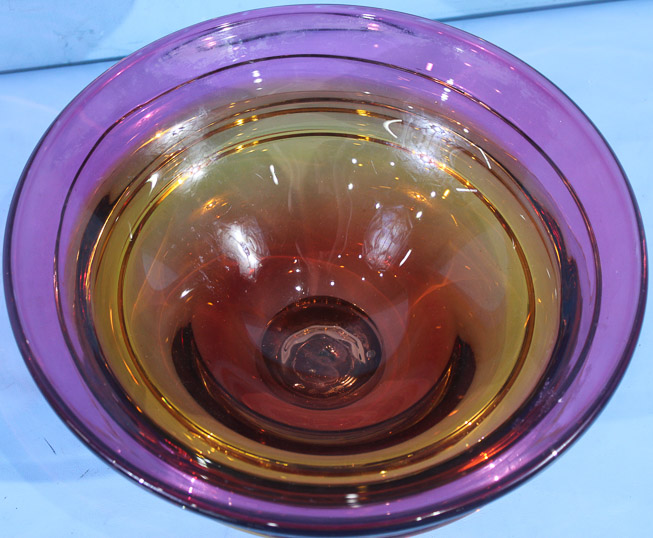 008c - Large 2 tone purple and orange footed bowl, attrib. to Steuben, 6 in. T, 13 in. R.807