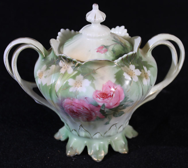 009d - 3 piece lot of porcelain red star R. S. Prussia pieces, 2 pitchers and 1 sugar bowl, large pitcher - 8 in T, 89 in. H-H