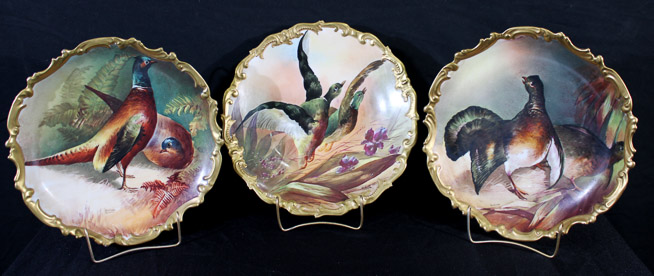 013a - 3 piece lot of Limoges hand painted chargers with ducks, pheasants and gold enamel paint, artist signed Valentin France, 15 in. R.