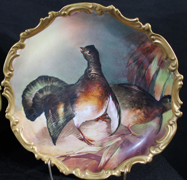 013d - 3 piece lot of Limoges hand painted chargers with ducks, pheasants and gold enamel paint, artist signed Valentin France, 15 in. R.