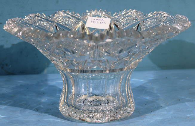 015a - Unusual brilliant cut glass bowl with scalloped edges, signed Hawkes, 5.5 in. T, 10 in. Dia.