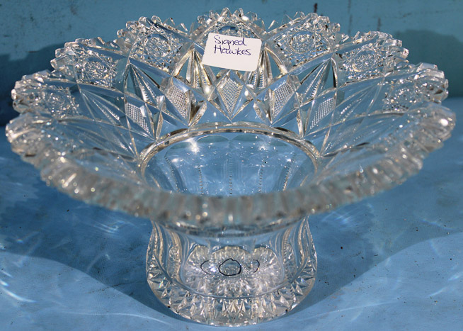 015b - Unusual brilliant cut glass bowl with scalloped edges, signed Hawkes, 5.5 in. T, 10 in. Dia.