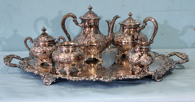 016a - Reed and Barton silver-plate tea or coffee service includes heavy ornate under tray - 2 in. T, 29 in. W, 19 in . 19 in. D.