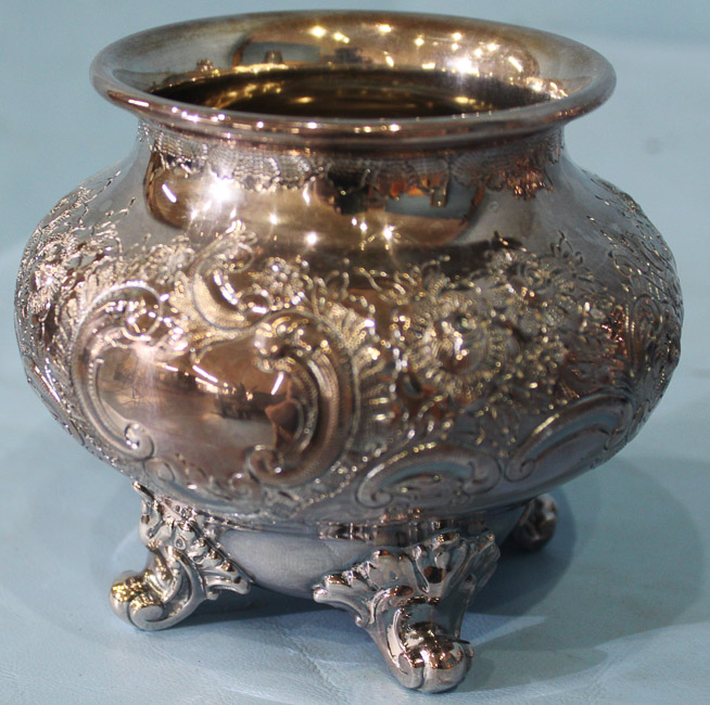016b - Reed and Barton silver-plate tea or coffee service includes heavy ornate under tray - 2 in. T, 29 in. W, 19 in . 19 in. D.