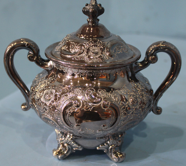 016c - Reed and Barton silver-plate tea or coffee service includes heavy ornate under tray - 2 in. T, 29 in. W, 19 in . 19 in. D.