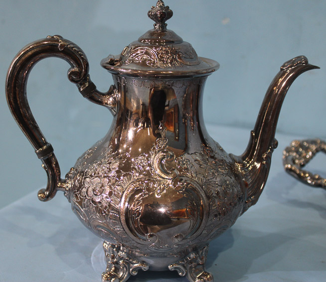 016d - Reed and Barton silver-plate tea or coffee service includes heavy ornate under tray - 2 in. T, 29 in. W, 19 in . 19 in. D.