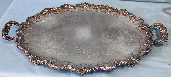 016e - Reed and Barton silver-plate tea or coffee service includes heavy ornate under tray - 2 in. T, 29 in. W, 19 in . 19 in. D.