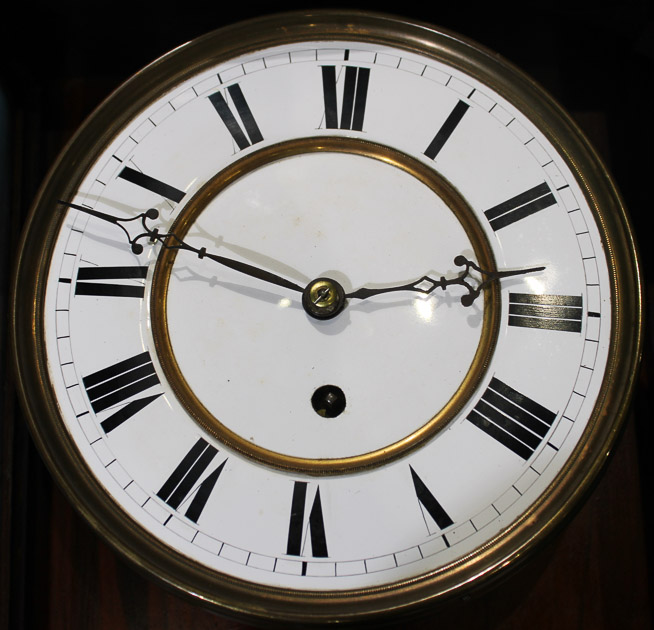 017b - Rosewood regulator 8 day hanging wall clock with pendulum, key and weights, 36 in. T, 13 in. W, 7 in. D.