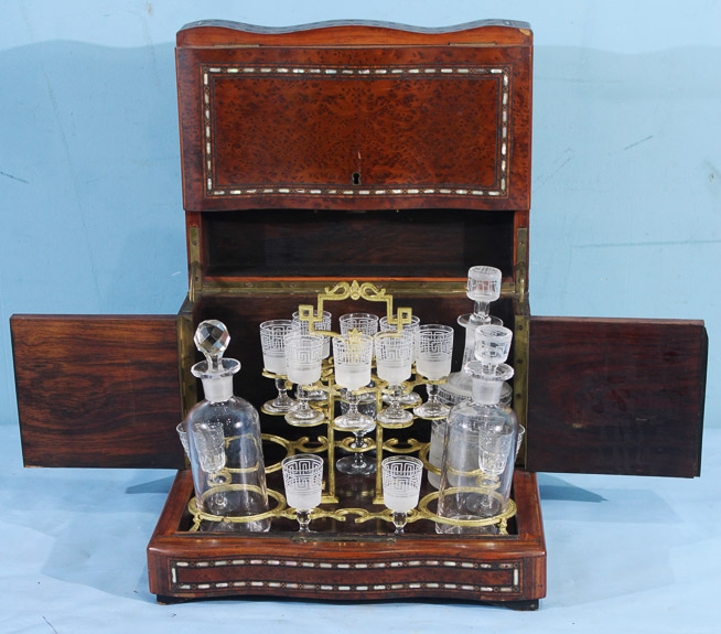 019a - Tantalus set with ornate inlaid mother of pearl case, most parts original with 1 missing bottle, 10 in. T, 12 in. W.9 in. D.